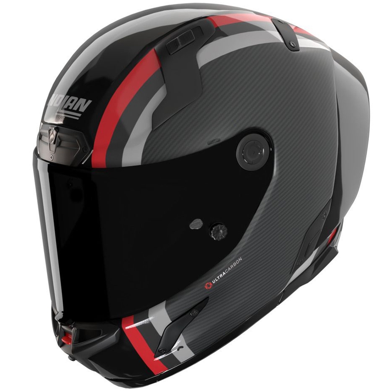 Uždaras motociklo šalmas Nolan X-804 RS Ultra Carbon Gemini 364 blizgi pilka-juoda-raudona-antracito spalvos