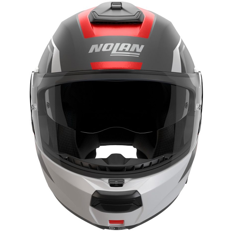 Atlenkiamas motociklo šalmas Nolan N100-6 Cinetico N-COM 361 matinės pilkos-baltos-raudonos spalvos