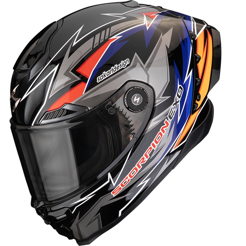 Scorpion EXO-RACE Air Move On FIM2 uždaras motociklo šalmas juodas-mėlynas-oranžinis