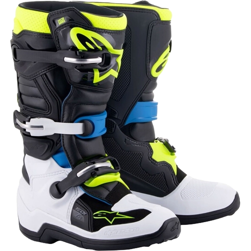 Alpinestars Tech 7 S juodi, balti, geltoni ir mėlyni motociklininko batai vaikams