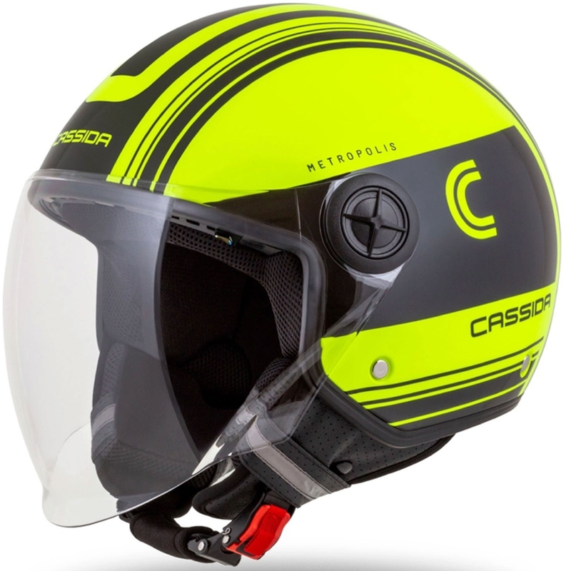 "Cassida Handy Metropolis Safety" fluo geltonos-juodos-juodos-refleksinės pilkos spalvos atviras motociklininko šalmas