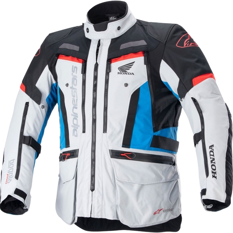 Alpinestars Bogota PRO Drystar Honda šviesiai pilka-fluo raudona-mėlyna-juoda motociklininko striukė