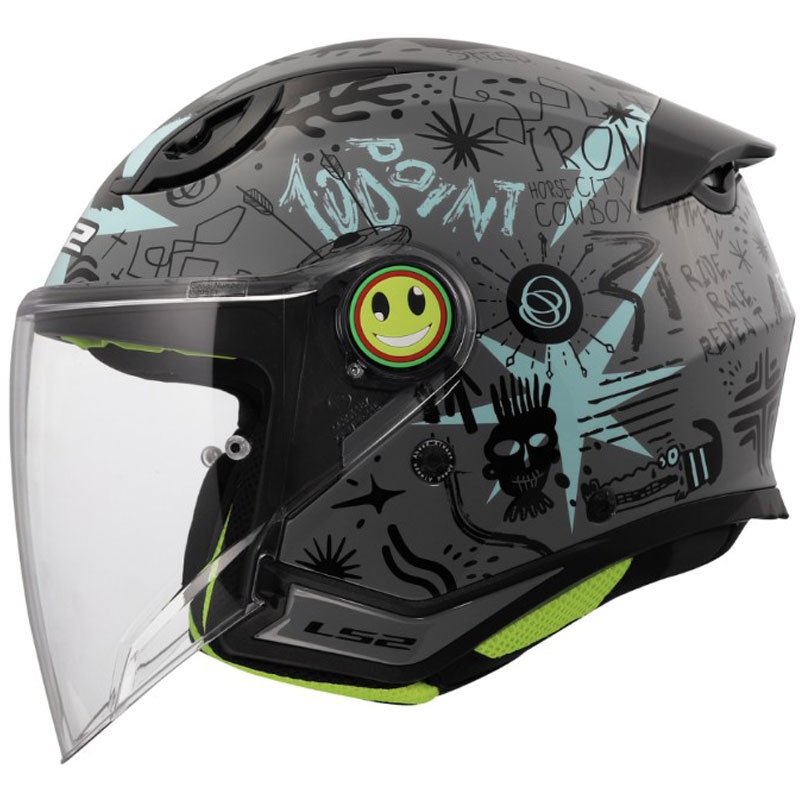Vaikiškas atviras motociklo šalmas LS2 OF622 Funny II Scribble blizgus pilkai mėlynas