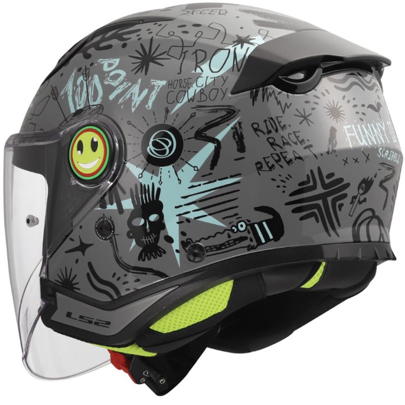 Vaikiškas atviras motociklo šalmas LS2 OF622 Funny II Scribble blizgus pilkai mėlynas