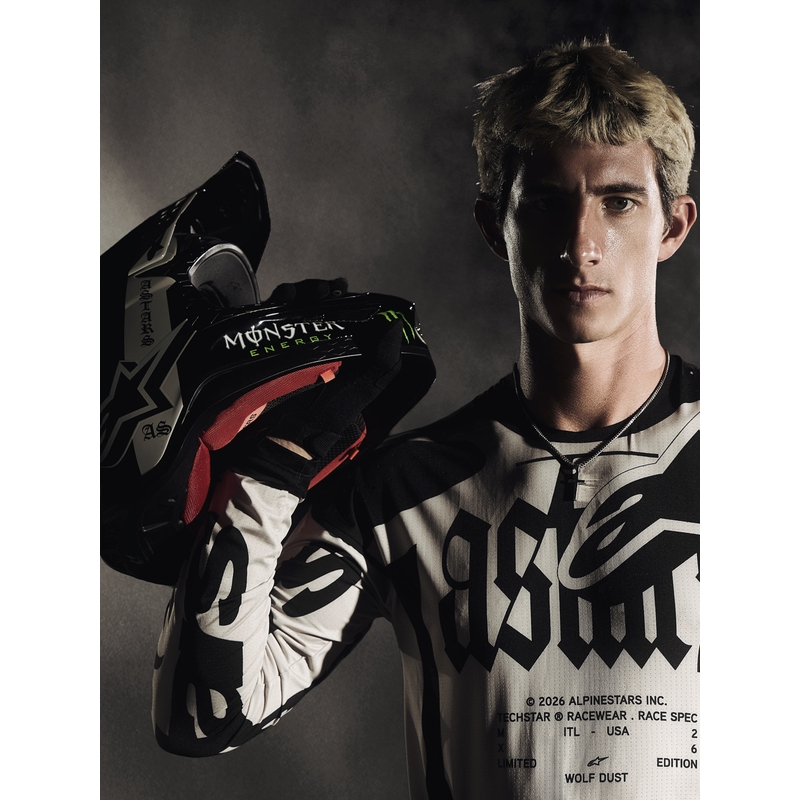 „Alpinestars Techstar“ riboto leidimo motokroso marškinėliai, „Wolf Dust“ smėlio-juodi