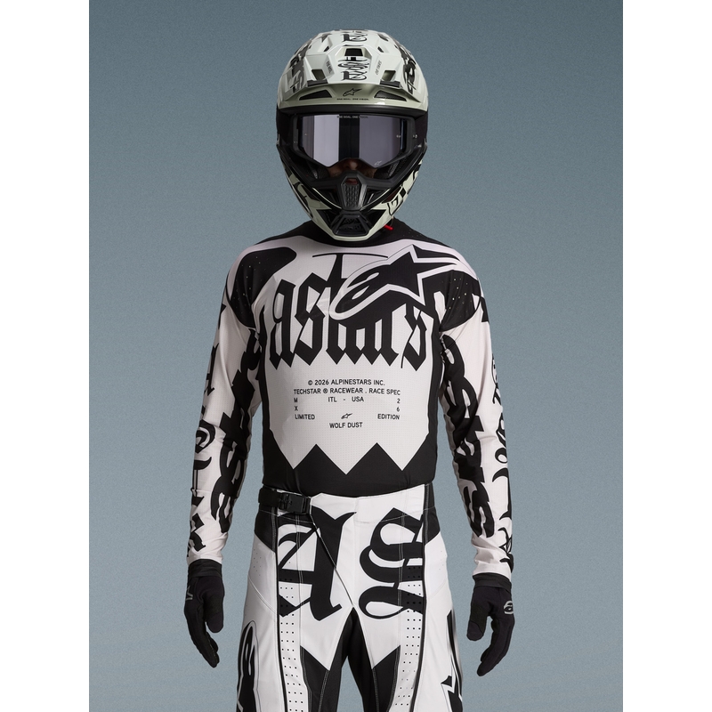 „Alpinestars Techstar“ riboto leidimo motokroso marškinėliai, „Wolf Dust“ smėlio-juodi