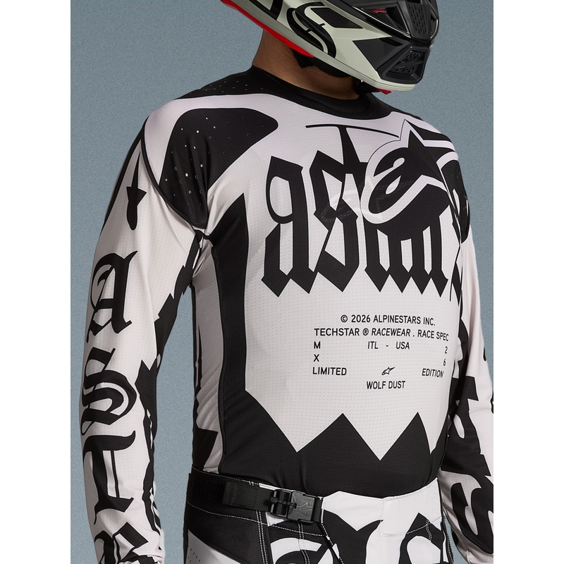 „Alpinestars Techstar“ riboto leidimo motokroso marškinėliai, „Wolf Dust“ smėlio-juodi