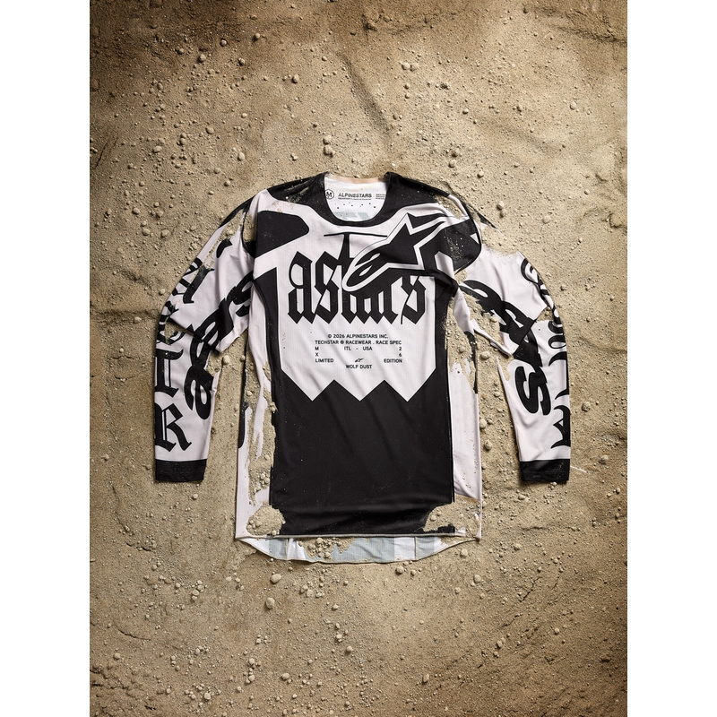 „Alpinestars Techstar“ riboto leidimo motokroso marškinėliai, „Wolf Dust“ smėlio-juodi
