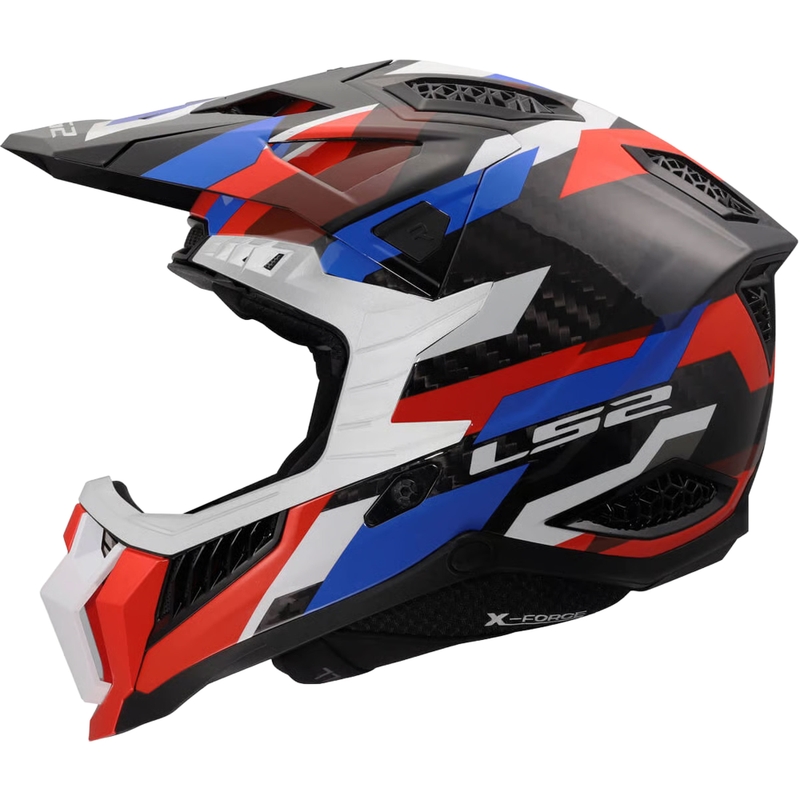 Motokroso šalmas LS2 MX703 X-Force Phantom blizgi balta-mėlyna-raudona