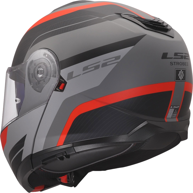 Atlenkiamas šalmas LS2 FF908 Strobe II Monza matinė juoda-pilka-raudona