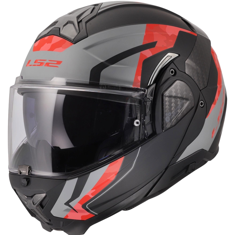 Atlenkiamas motociklo šalmas LS2 FF910 Advant II Glide matinės juodos-pilkos-raudonos spalvos
