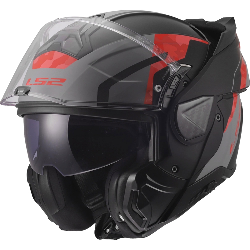Atlenkiamas motociklo šalmas LS2 FF910 Advant II Glide matinės juodos-pilkos-raudonos spalvos