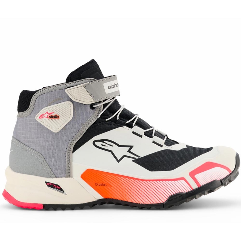 Alpinestars Stella CR-X Drystar moteriški motociklo batai balti-šviesiai pilki-juodi-fluorescenciniai rožiniai