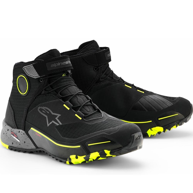 Alpinestars CR-X Drystar motociklo batai juodi-tamsiai pilki-fluorescenciniai geltoni