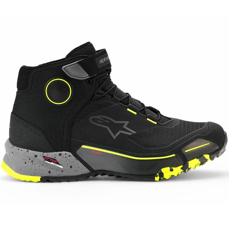 Alpinestars CR-X Drystar motociklo batai juodi-tamsiai pilki-fluorescenciniai geltoni