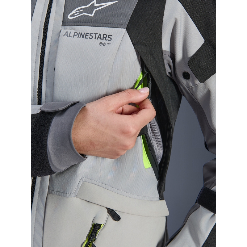 Alpinestars Stella Andes V4 Drystar moteriška motociklo striukė, tamsiai pilka-šviesiai pilka-juoda-fluorescencinė geltona
