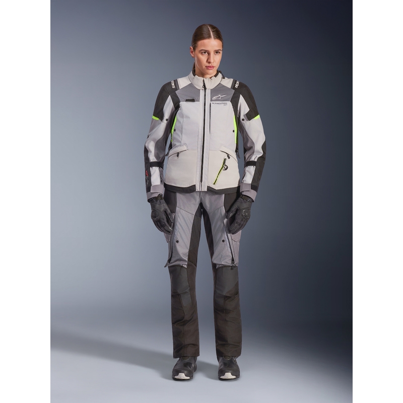 Alpinestars Stella Andes V4 Drystar moteriška motociklo striukė, tamsiai pilka-šviesiai pilka-juoda-fluorescencinė geltona