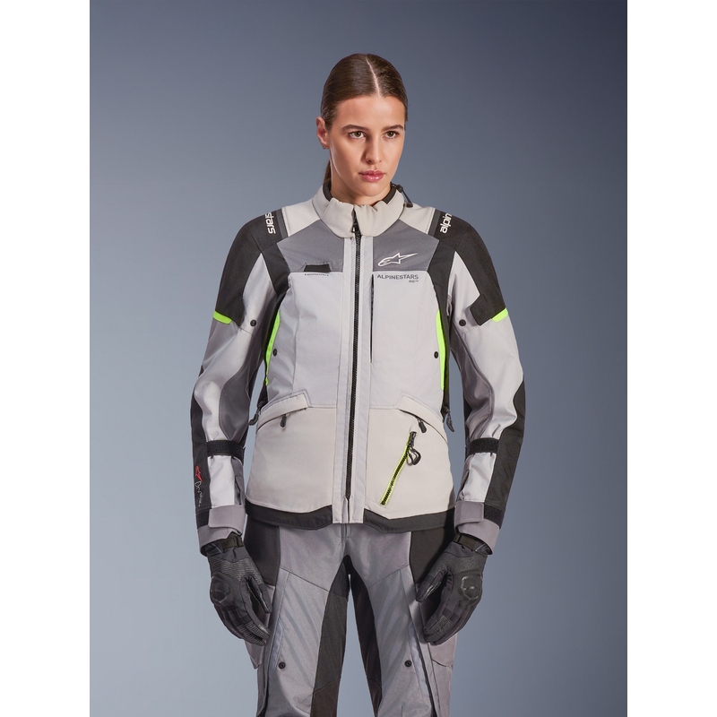 Alpinestars Stella Andes V4 Drystar moteriška motociklo striukė, tamsiai pilka-šviesiai pilka-juoda-fluorescencinė geltona