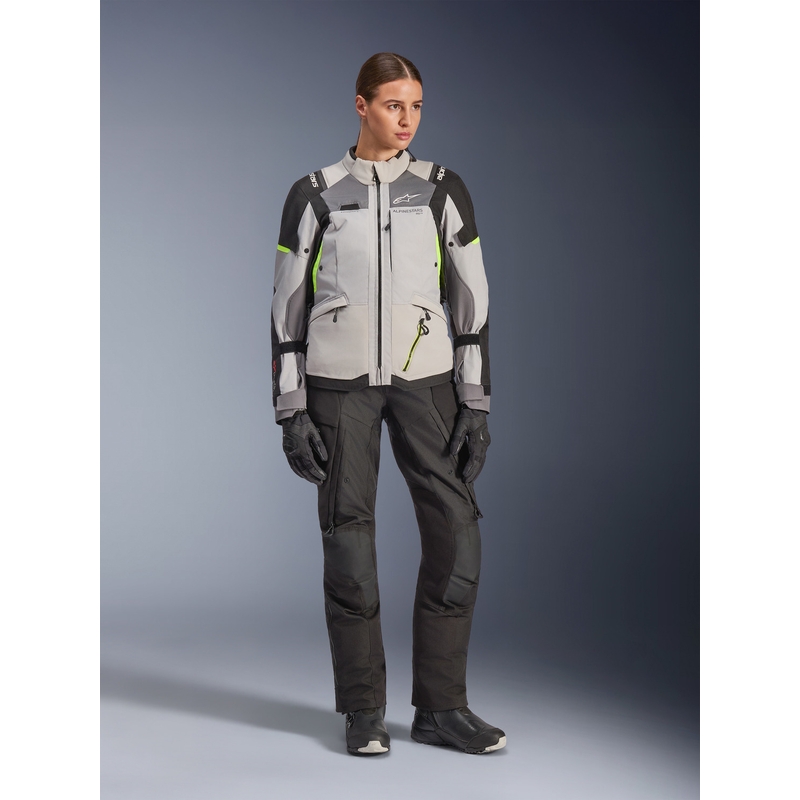 Alpinestars Stella Andes V4 Drystar moteriška motociklo striukė, tamsiai pilka-šviesiai pilka-juoda-fluorescencinė geltona