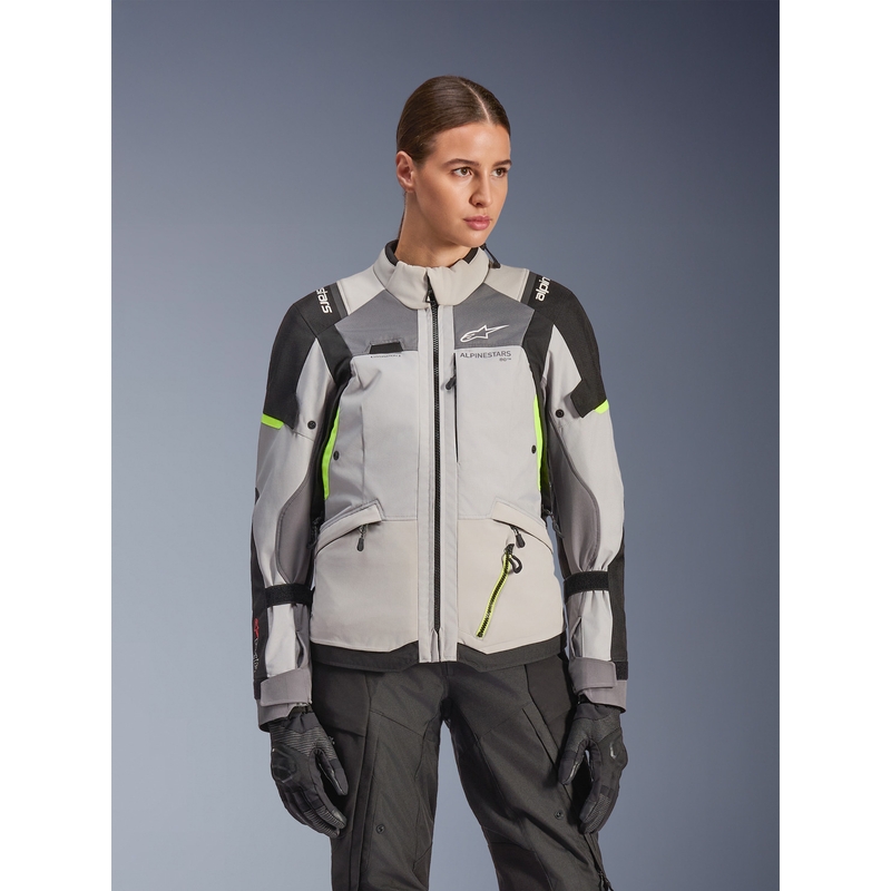 Alpinestars Stella Andes V4 Drystar moteriška motociklo striukė, tamsiai pilka-šviesiai pilka-juoda-fluorescencinė geltona
