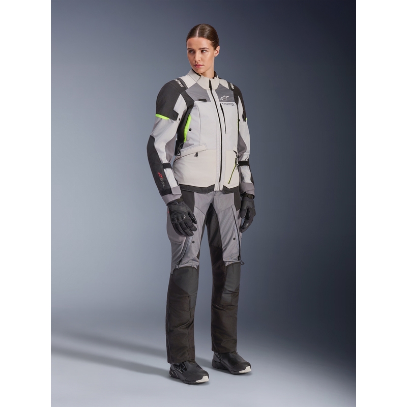Alpinestars Stella Andes V4 Drystar moteriška motociklo striukė, tamsiai pilka-šviesiai pilka-juoda-fluorescencinė geltona