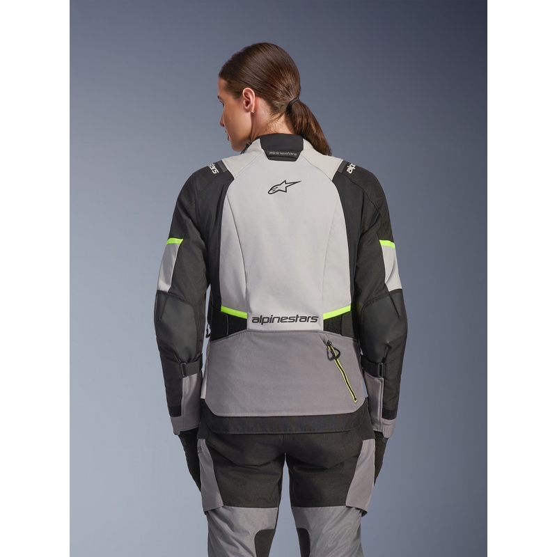 Alpinestars Stella Andes V4 Drystar moteriška motociklo striukė, tamsiai pilka-šviesiai pilka-juoda-fluorescencinė geltona