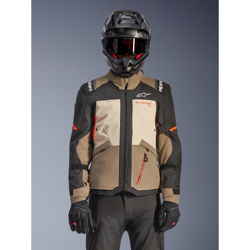 Alpinestars Andes V4 Drystar motociklo striukė kreminė-šviesiai ruda-juoda-fluorescencinė oranžinė
