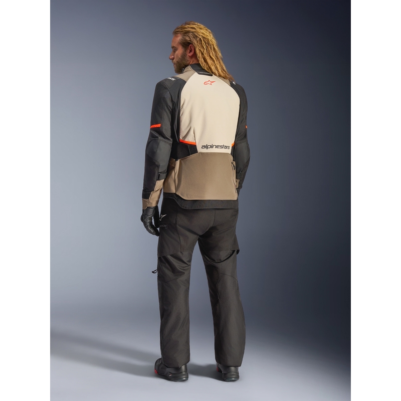 Alpinestars Andes V4 Drystar motociklo striukė kreminė-šviesiai ruda-juoda-fluorescencinė oranžinė