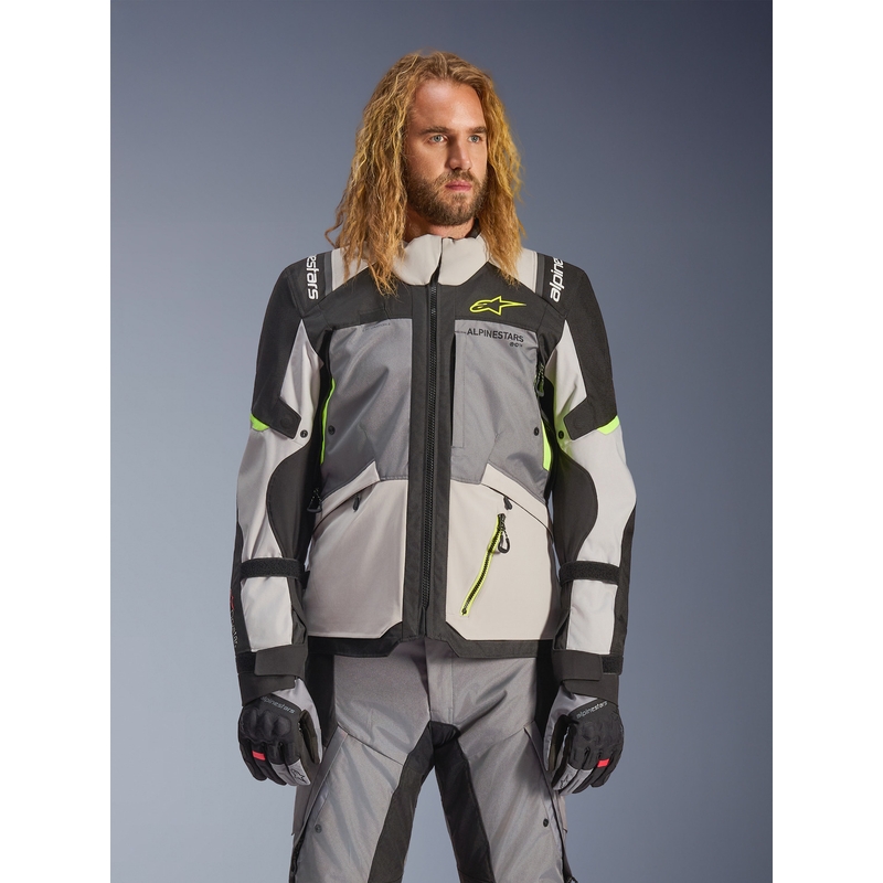 Alpinestars Andes V4 Drystar motociklo striukė tamsiai pilka-šviesiai pilka-juoda-fluorescencinė geltona