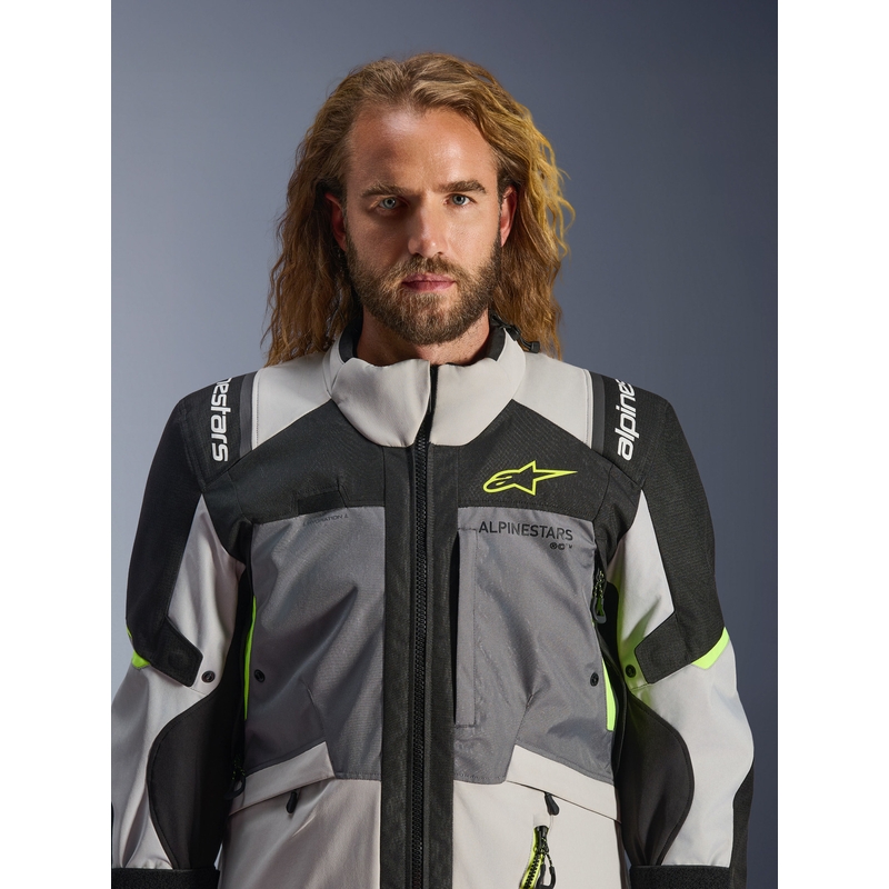 Alpinestars Andes V4 Drystar motociklo striukė tamsiai pilka-šviesiai pilka-juoda-fluorescencinė geltona