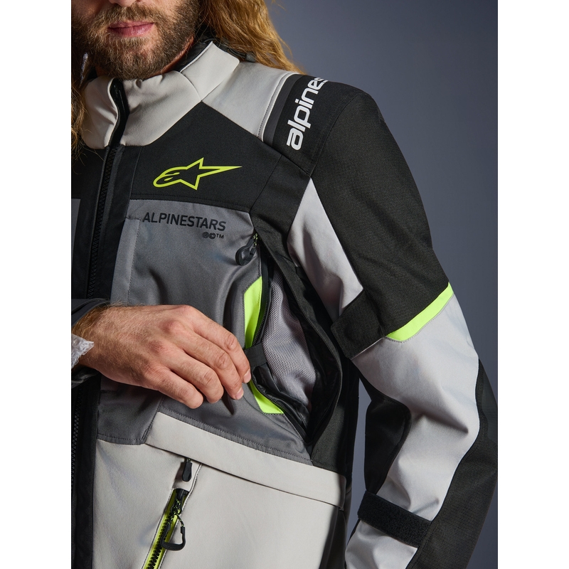 Alpinestars Andes V4 Drystar motociklo striukė tamsiai pilka-šviesiai pilka-juoda-fluorescencinė geltona