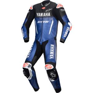 Vientisas odinis motociklo kostiumas Alpinestars GP-R7 YAMAHA GYTR TECH-AIR kolekcijai, suderinama su mėlyna-juoda-balta-raudona spalvomis.