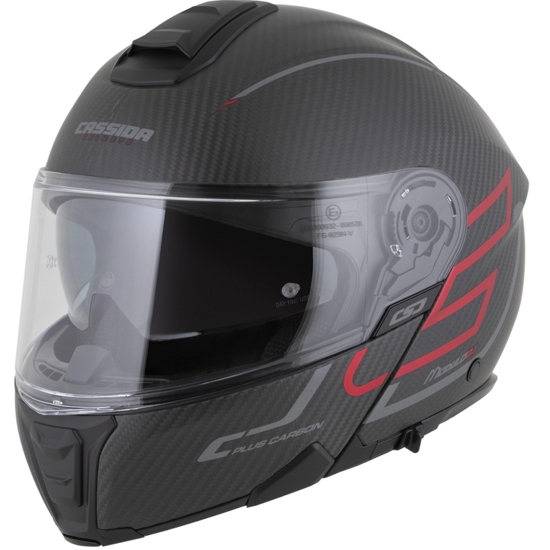 Atlenkiamas motociklo šalmas Cassida Modulo 2.1 Plus Carbon BlackOut matinės juodos-metalinės raudonos-atspindinčios sidabrinės-juodos spalvos