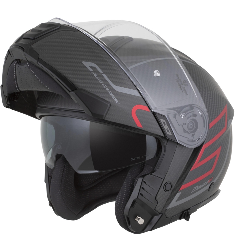 Atlenkiamas motociklo šalmas Cassida Modulo 2.1 Plus Carbon BlackOut matinės juodos-metalinės raudonos-atspindinčios sidabrinės-juodos spalvos