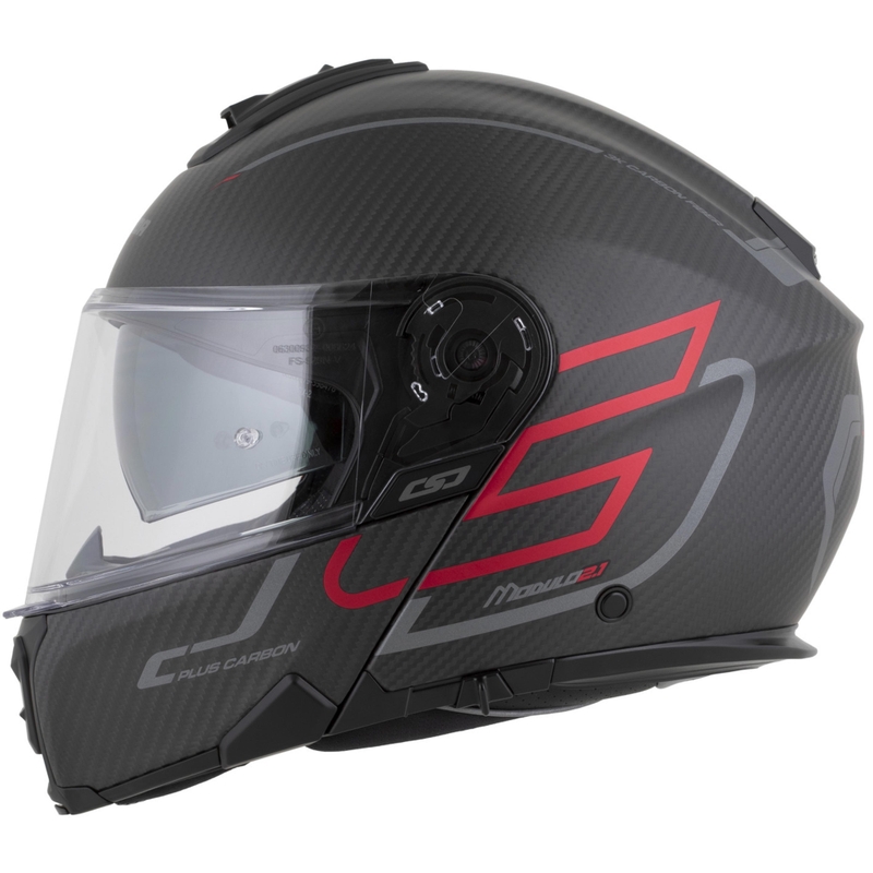 Atlenkiamas motociklo šalmas Cassida Modulo 2.1 Plus Carbon BlackOut matinės juodos-metalinės raudonos-atspindinčios sidabrinės-juodos spalvos