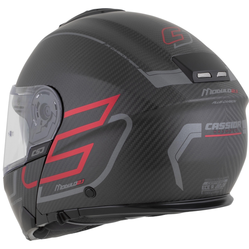 Atlenkiamas motociklo šalmas Cassida Modulo 2.1 Plus Carbon BlackOut matinės juodos-metalinės raudonos-atspindinčios sidabrinės-juodos spalvos