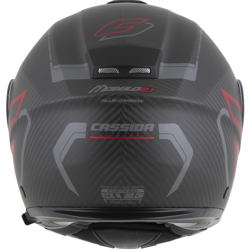 Atlenkiamas motociklo šalmas Cassida Modulo 2.1 Plus Carbon BlackOut matinės juodos-metalinės raudonos-atspindinčios sidabrinės-juodos spalvos