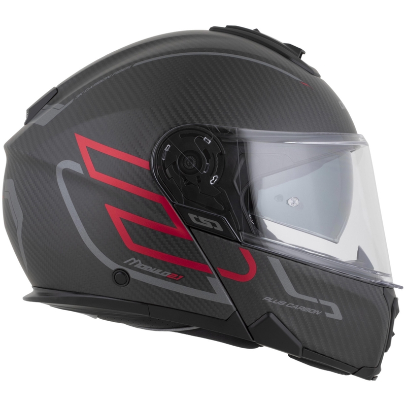 Atlenkiamas motociklo šalmas Cassida Modulo 2.1 Plus Carbon BlackOut matinės juodos-metalinės raudonos-atspindinčios sidabrinės-juodos spalvos