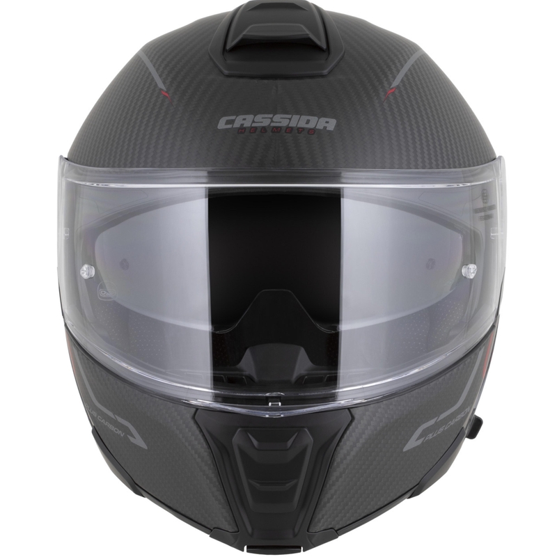 Atlenkiamas motociklo šalmas Cassida Modulo 2.1 Plus Carbon BlackOut matinės juodos-metalinės raudonos-atspindinčios sidabrinės-juodos spalvos