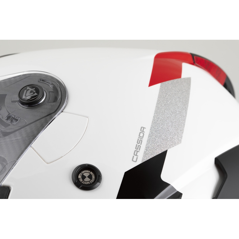 Cassida Reflex 2.0 Safety atviras motociklo šalmas, baltas-raudonas-pilkas-atspindintis sidabrinis