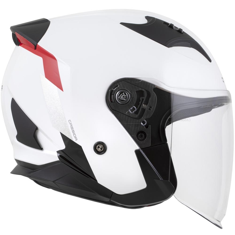 Cassida Reflex 2.0 Safety atviras motociklo šalmas, baltas-raudonas-pilkas-atspindintis sidabrinis