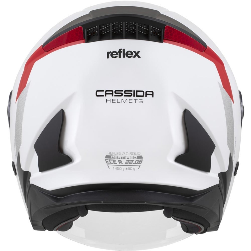 Cassida Reflex 2.0 Safety atviras motociklo šalmas, baltas-raudonas-pilkas-atspindintis sidabrinis