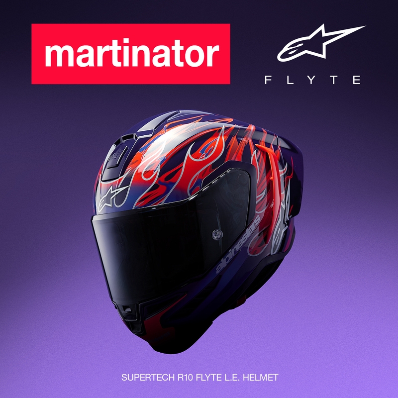 „Alpinestars Supertech R-10 Flyte“ uždaras motociklo šalmas, riboto leidimo, Jorge Martin, violetinė-raudona