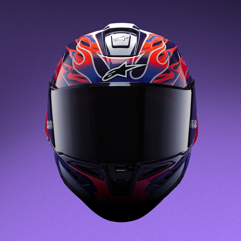 „Alpinestars Supertech R-10 Flyte“ uždaras motociklo šalmas, riboto leidimo, Jorge Martin, violetinė-raudona