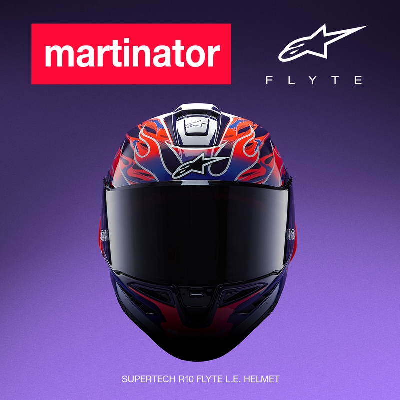„Alpinestars Supertech R-10 Flyte“ uždaras motociklo šalmas, riboto leidimo, Jorge Martin, violetinė-raudona