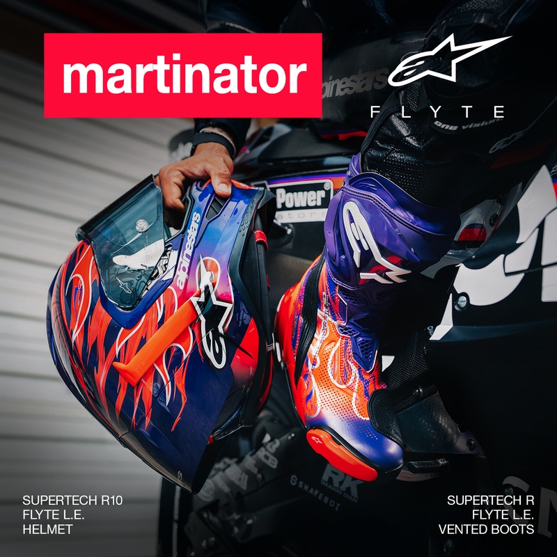 „Alpinestars Supertech R-10 Flyte“ uždaras motociklo šalmas, riboto leidimo, Jorge Martin, violetinė-raudona