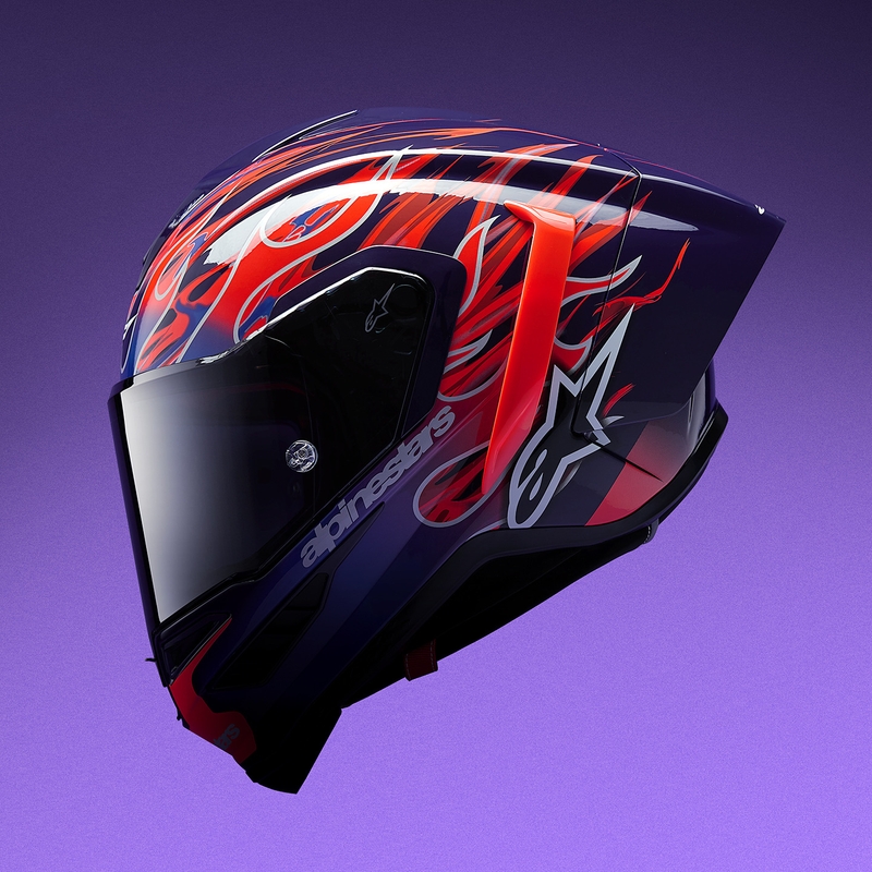 „Alpinestars Supertech R-10 Flyte“ uždaras motociklo šalmas, riboto leidimo, Jorge Martin, violetinė-raudona