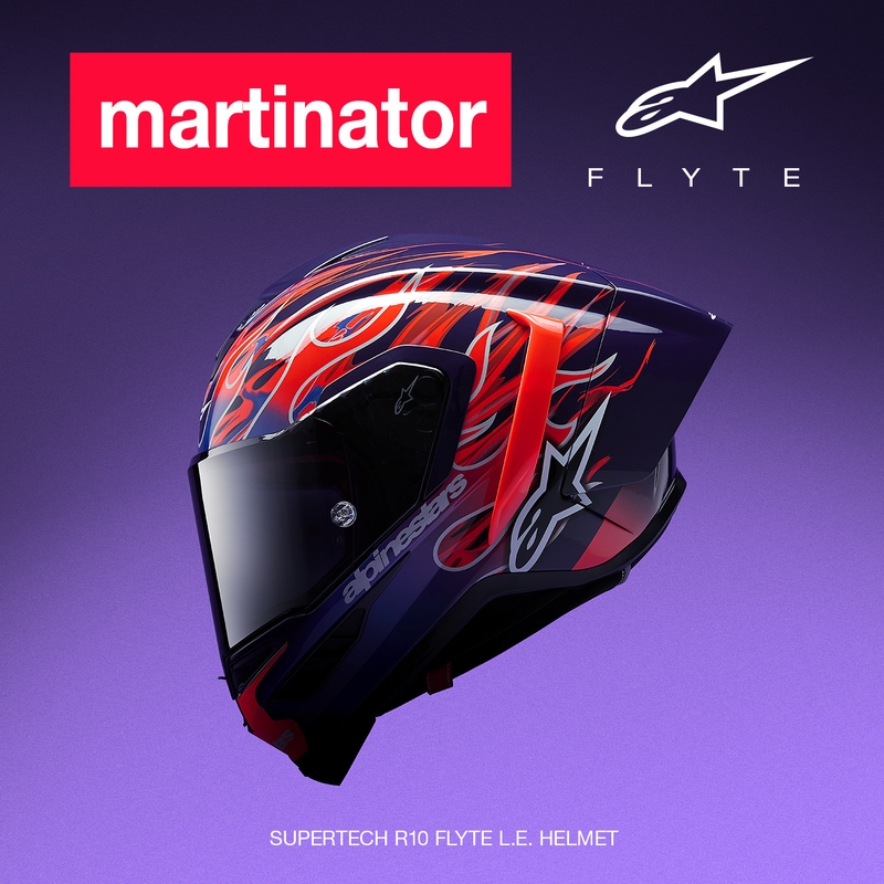 „Alpinestars Supertech R-10 Flyte“ uždaras motociklo šalmas, riboto leidimo, Jorge Martin, violetinė-raudona