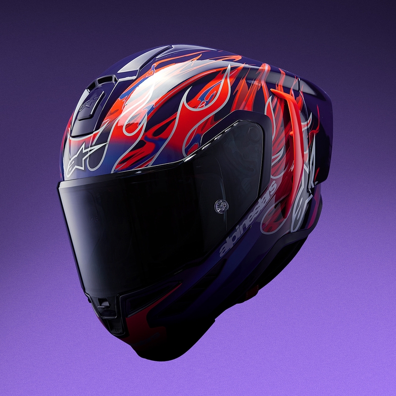 „Alpinestars Supertech R-10 Flyte“ uždaras motociklo šalmas, riboto leidimo, Jorge Martin, violetinė-raudona