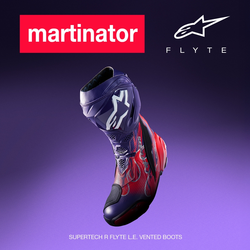„Alpinestars Supertech R Vented Flyte“ motociklo batai, riboto leidimo, Jorge Martin violetiniai-raudoni-juodi
